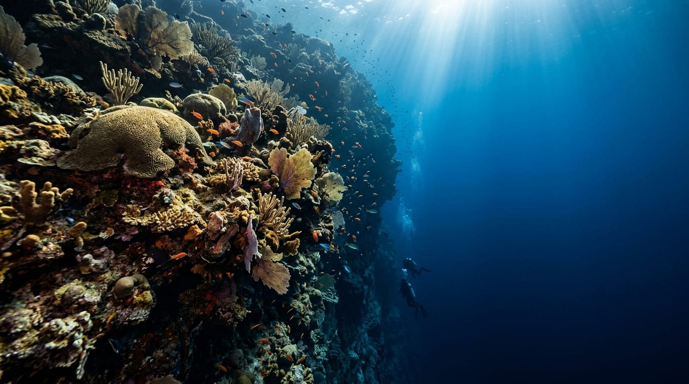 Steep underwater wall of Mount Olympus seamount dropping into deep blue water with coral formations on the upper slopes