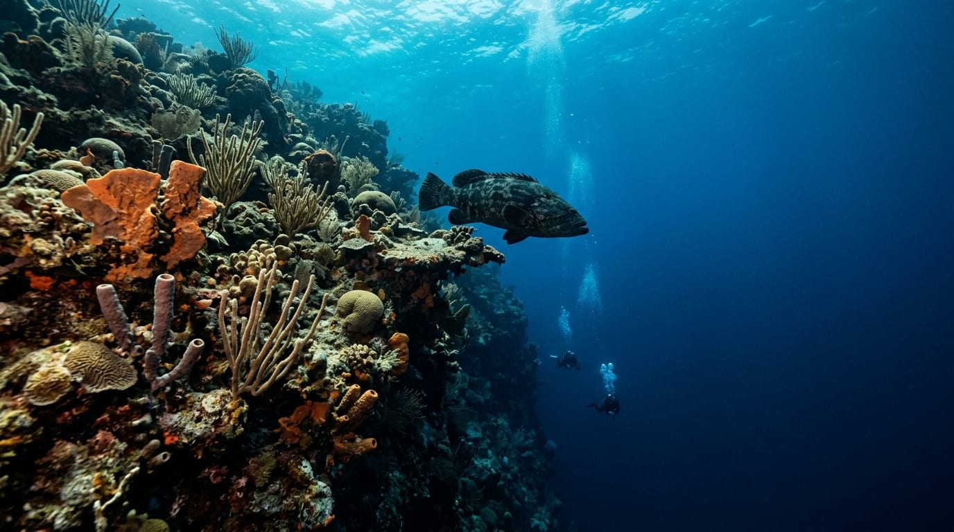 Diver silhouetted against the infinite blue void at The Nodules wall dive with large grouper visible on the coral-covered reef face