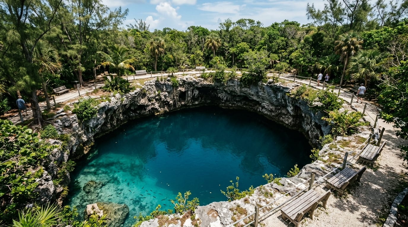 Circular Ocean Hole with clear blue water surrounded by limestone walls and shade trees in Rock Sound Eleuthera