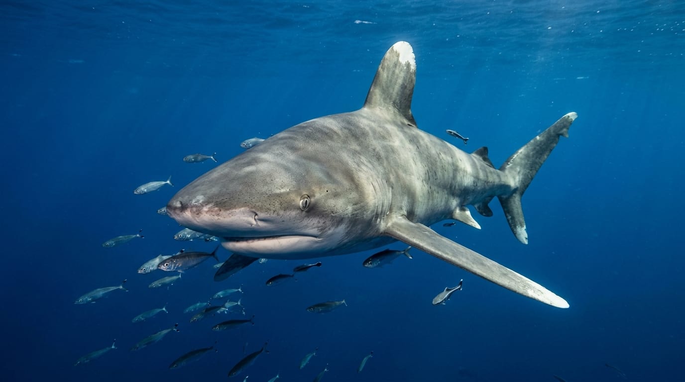 Oceanic whitetip shark with distinctive rounded white-tipped fins approaching in clear blue water off Cat Island