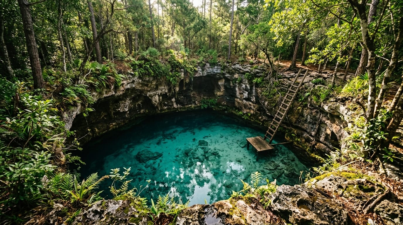 Looking down into Owl's Hole sinkhole with crystal-clear freshwater visible at the bottom surrounded by limestone walls and vegetation