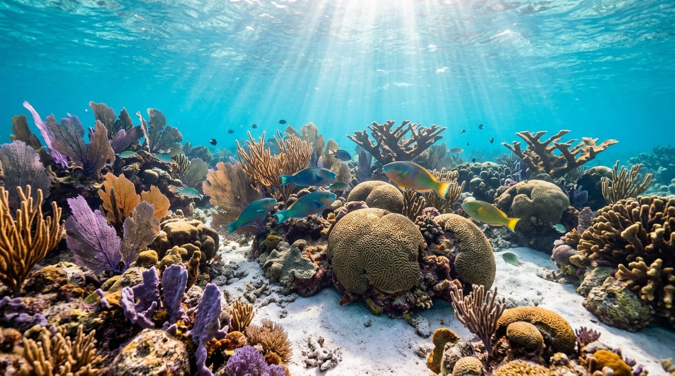 Shallow coral garden at Periwinkle Reef with purple sea fans and colorful parrotfish swimming over coral formations