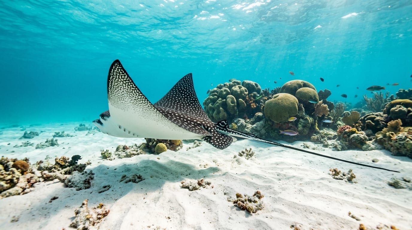 Large spotted eagle ray gliding through clear turquoise water above sandy bottom at Pipe Creek with coral visible in background