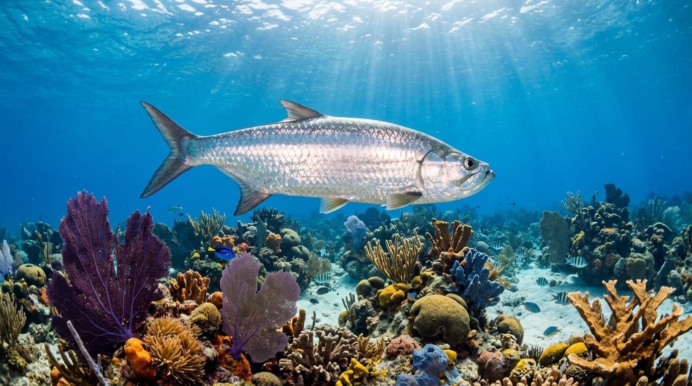Large silver tarpon swimming over coral reef at Poseidon's Point with sea fans in background