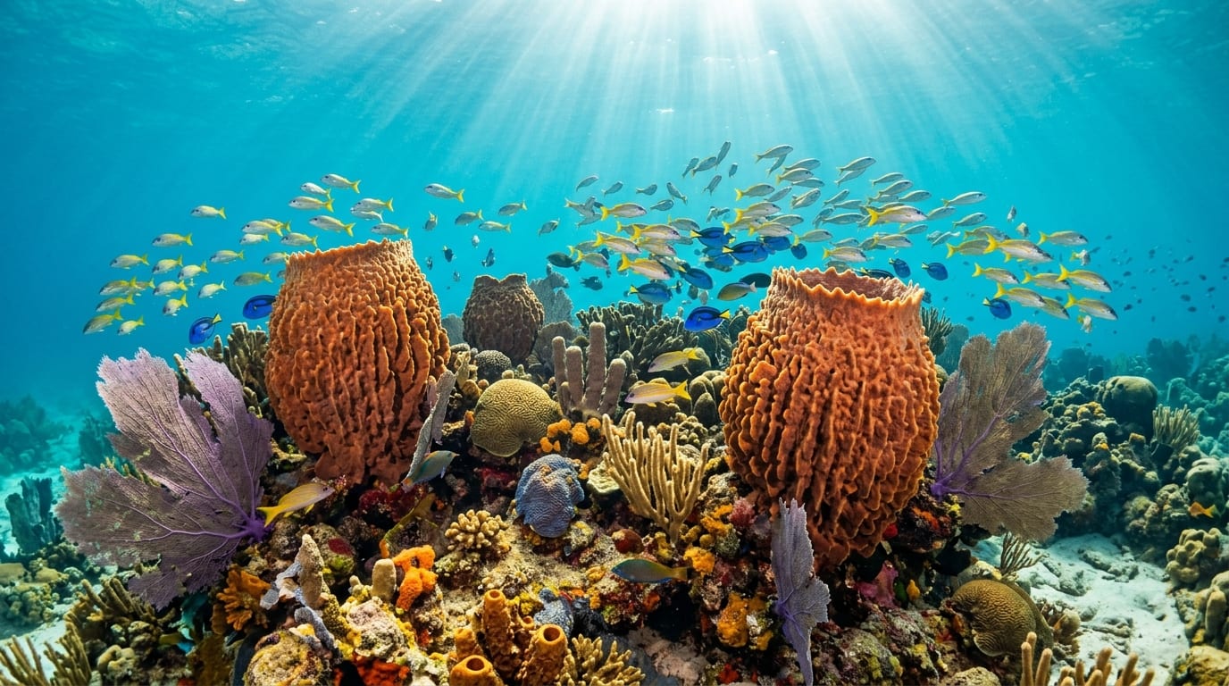 Vibrant coral reef covered with giant orange barrel sponges and purple sea fans with tropical fish swimming above