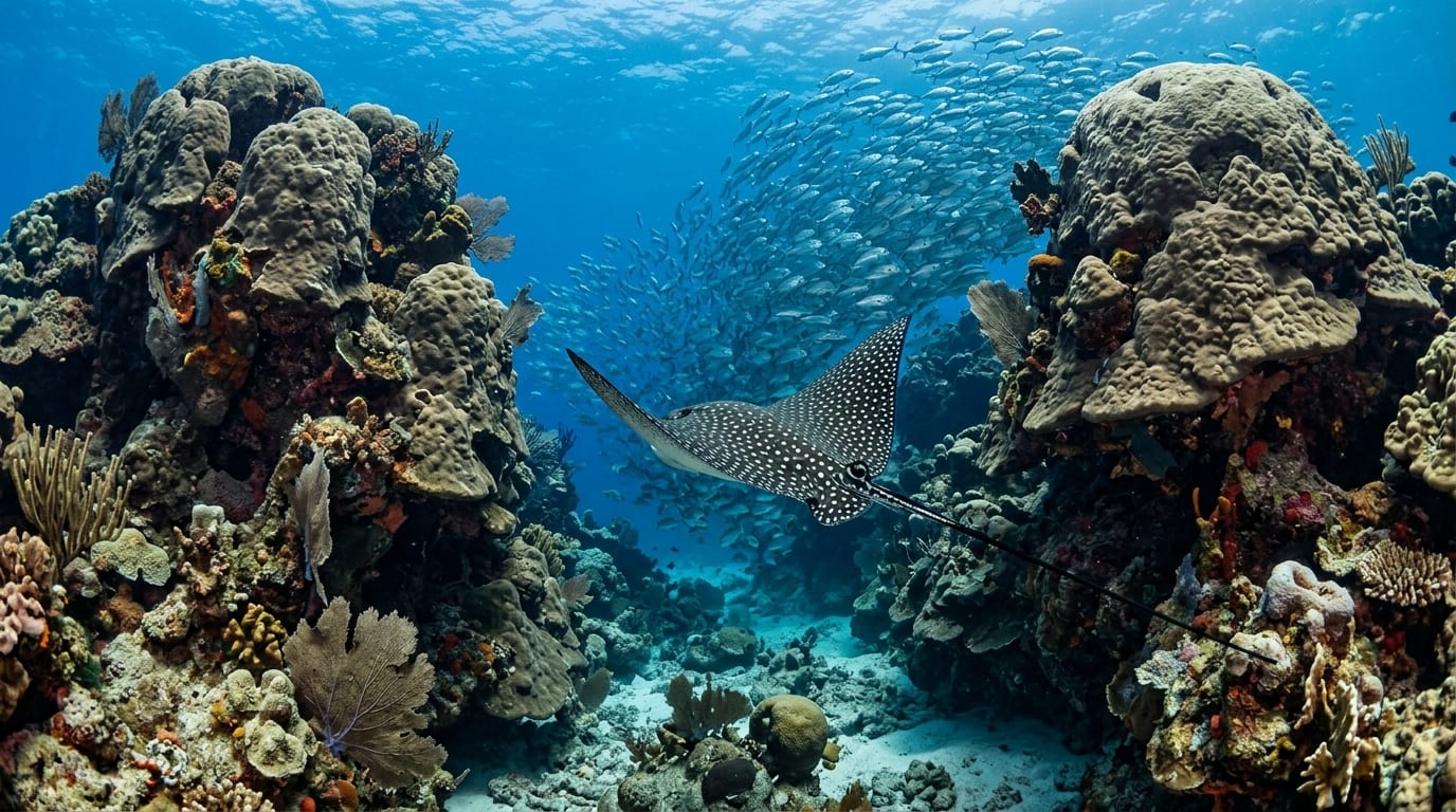 Spotted eagle ray gliding through coral canyon at Pygmy Caves with massive coral formations rising on either side