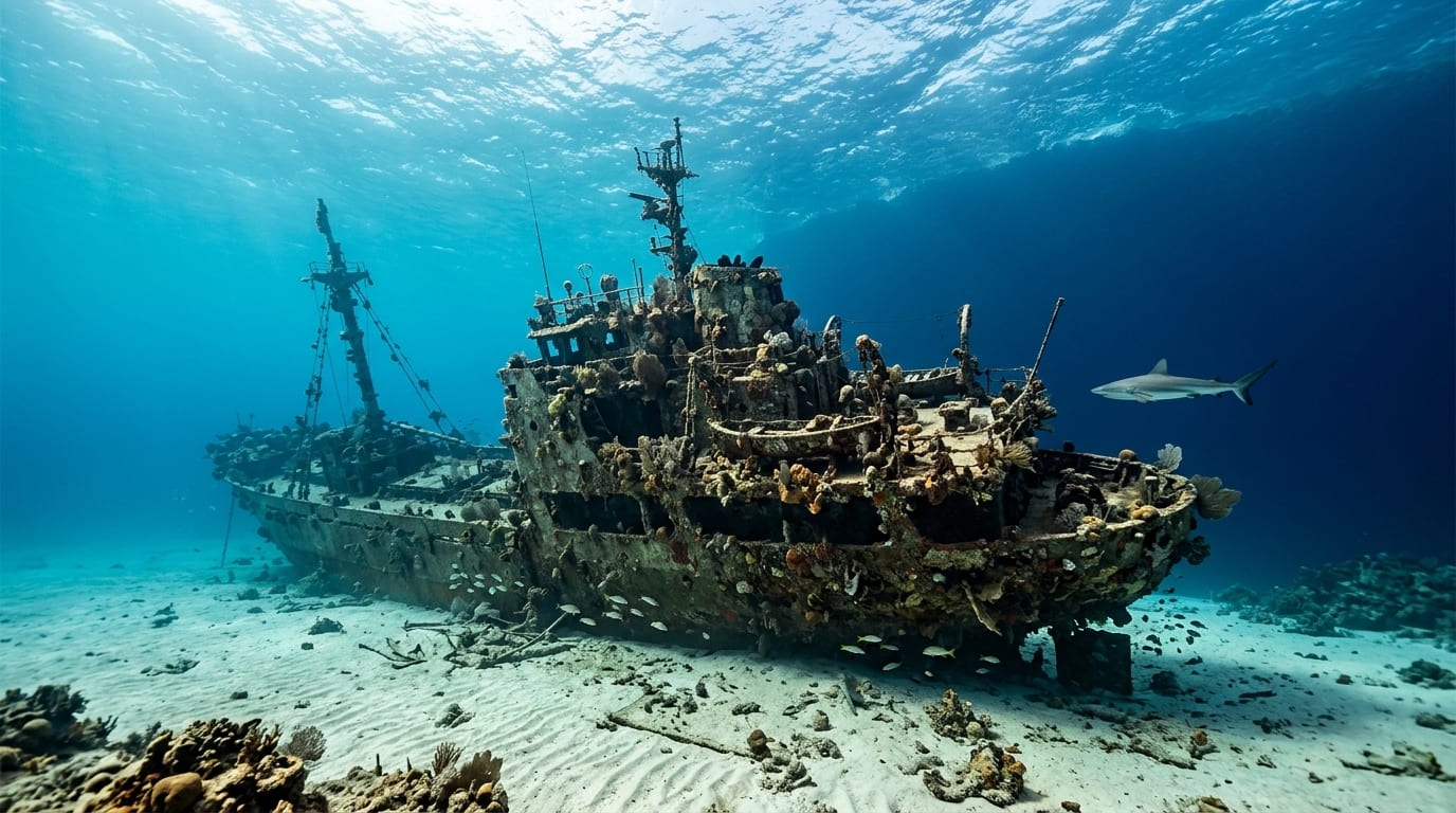 The intact hull of the Ray of Hope freighter wreck on the sandy seabed near Nassau with Caribbean reef sharks swimming nearby
