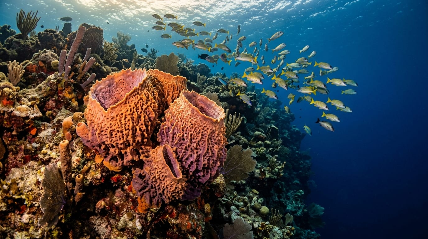 Colorful elephant ear sponges on a coral wall with tropical fish swimming above at sunset