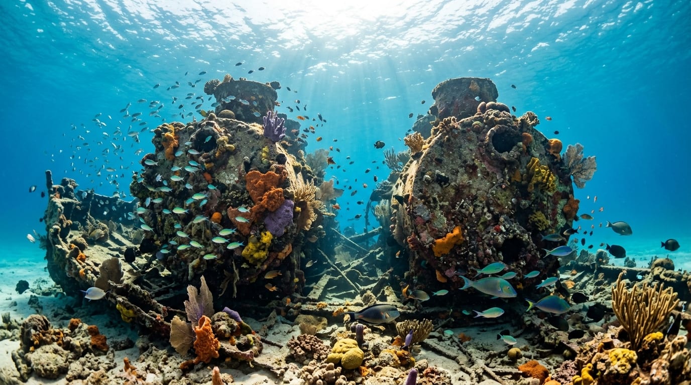 Coral-encrusted boilers of the San Jacinto shipwreck rising from the seafloor off Green Turtle Cay in Abaco