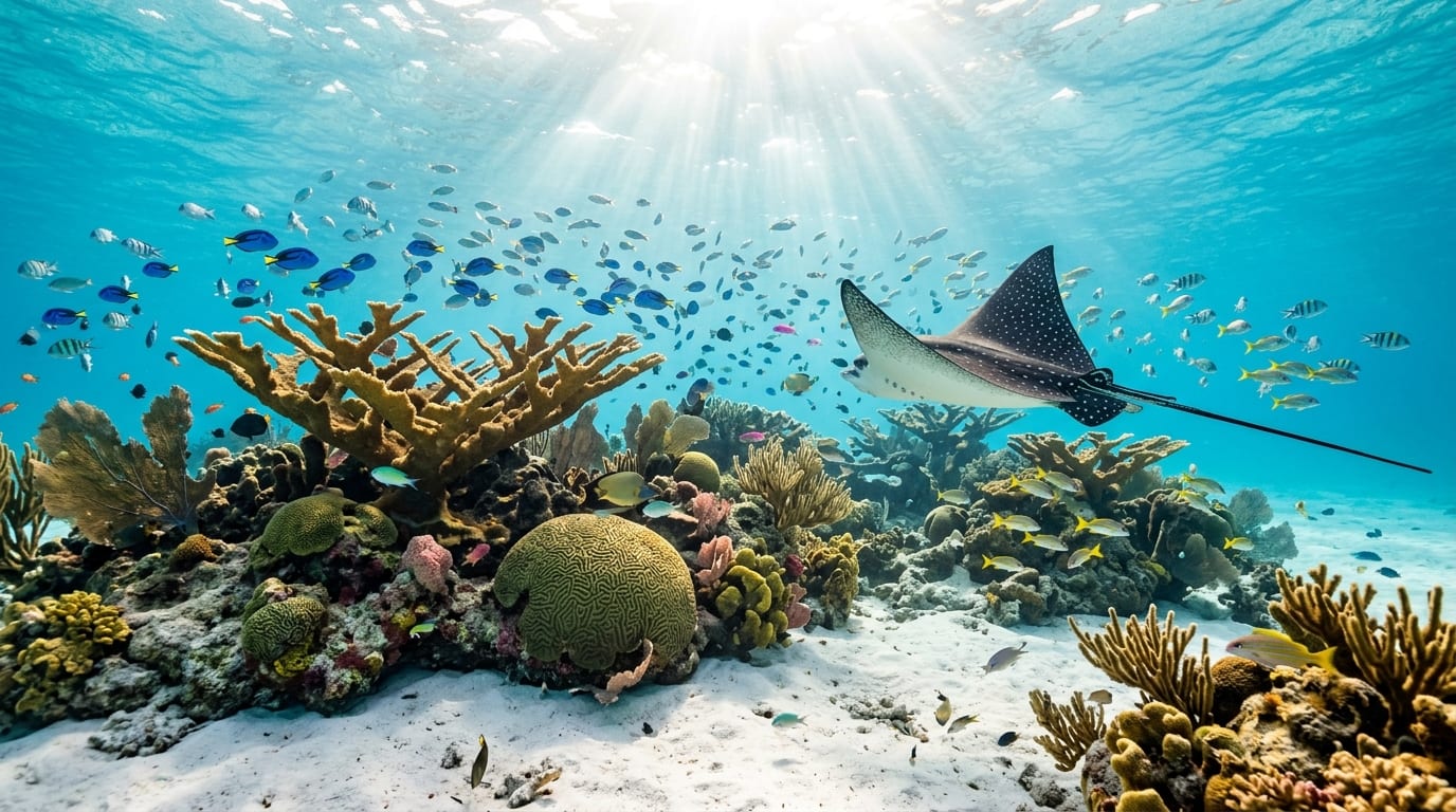 Pristine coral gardens at Sandy Cay Reef in Pelican Cays National Park with tropical fish schooling over white sand