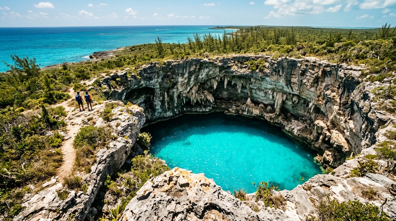 View down into Sapphire Blue Hole from the cliff edge showing bright turquoise water and stalactites on the limestone walls