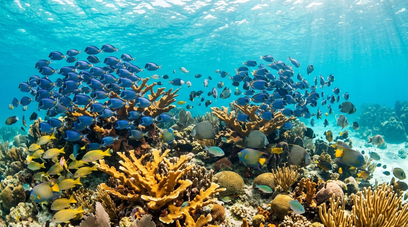 Dense schools of colorful tropical fish swimming over healthy coral formations at the Sea Aquarium snorkeling site