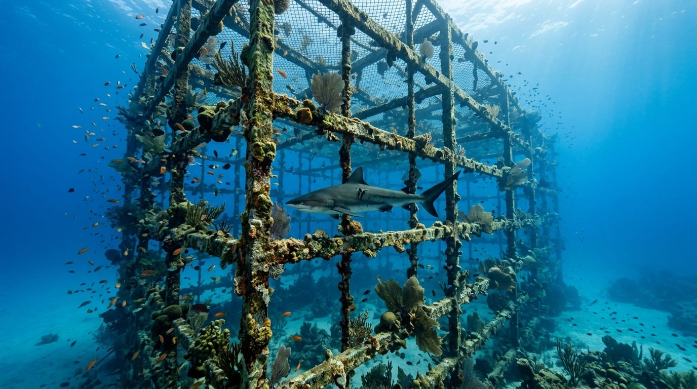 Large underwater cage structure covered in algae and young corals with Caribbean reef shark swimming past