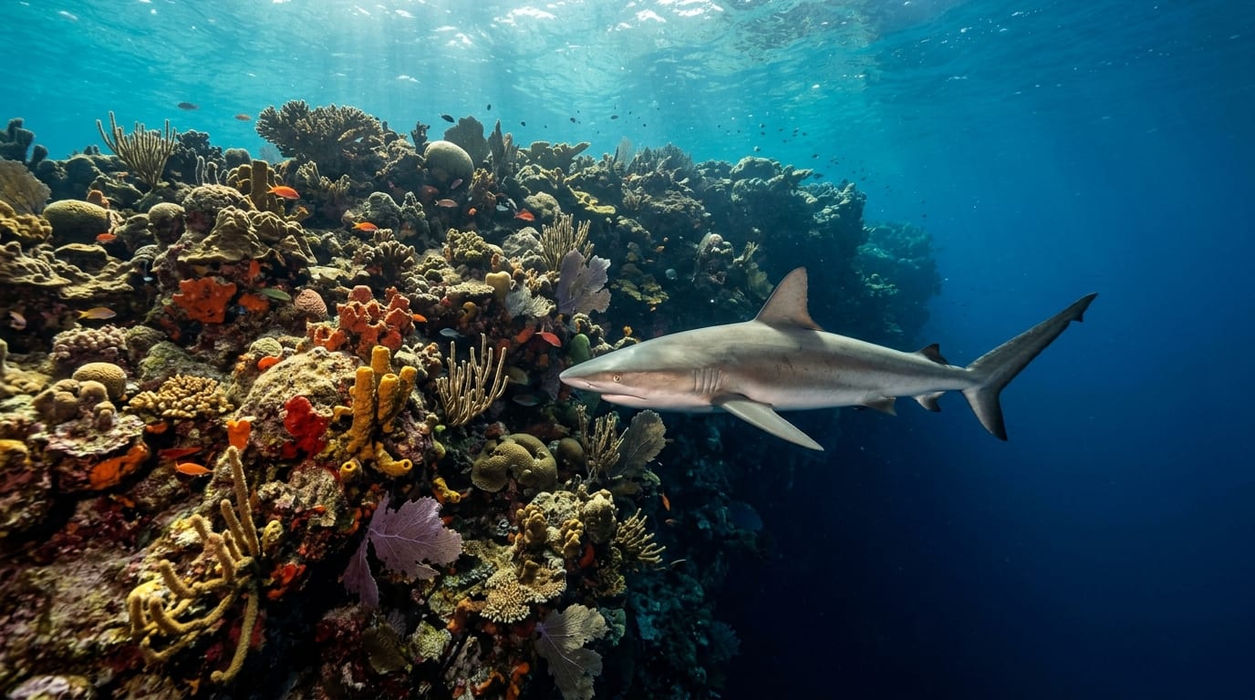Caribbean reef shark cruising along a coral-covered wall with clear blue water in the background