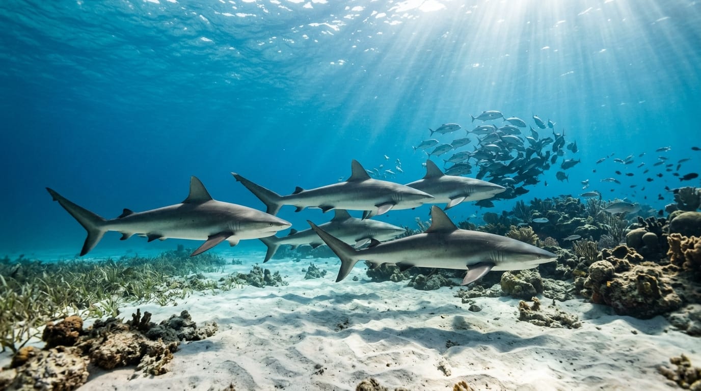 Caribbean reef sharks circling over sandy bottom at Shark Junction dive site with coral reef in background