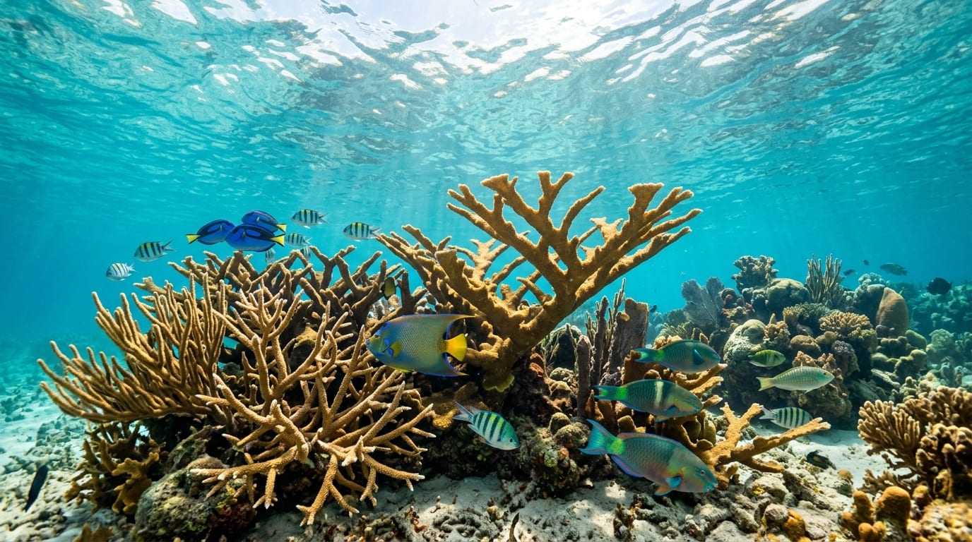 Healthy elkhorn and staghorn coral formations with colourful parrotfish and angelfish swimming above at Silver Point Reef