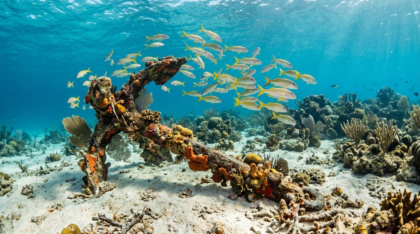 Coral-encrusted anchor resting on the sandy bottom of Snapshot Reef with colorful reef fish swimming above