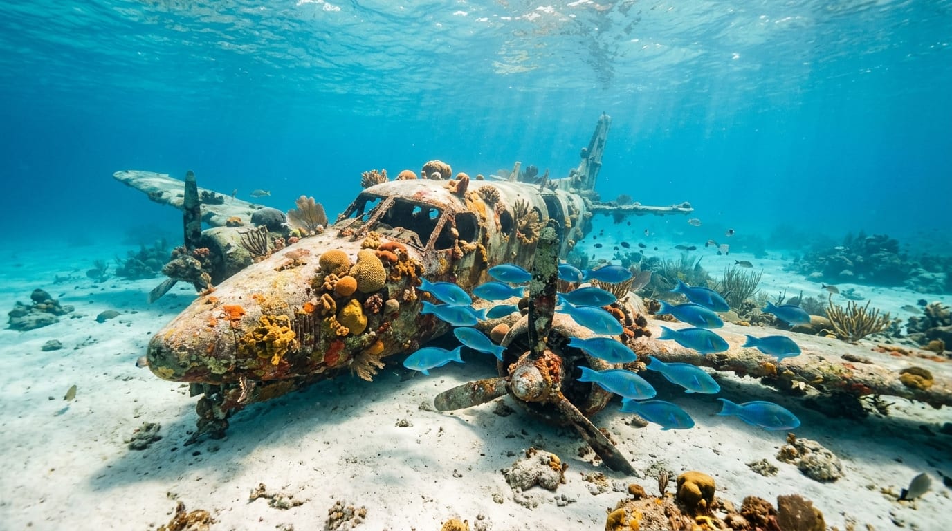 Twin-engine aircraft resting on sandy ocean floor at SPID City with schools of blue parrotfish swimming past