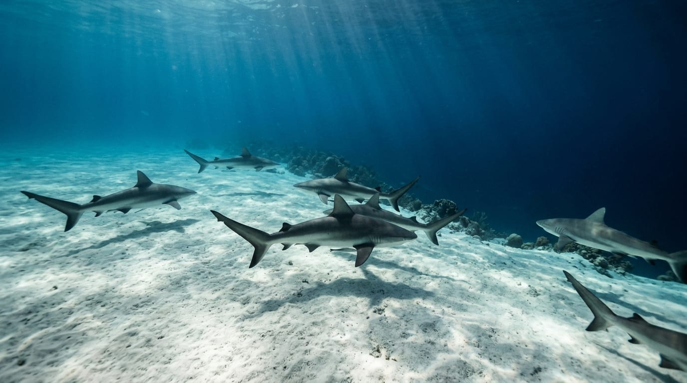 Caribbean reef sharks swimming among divers kneeling on a sandy seabed at Stuart Cove's Shark Arena in Nassau