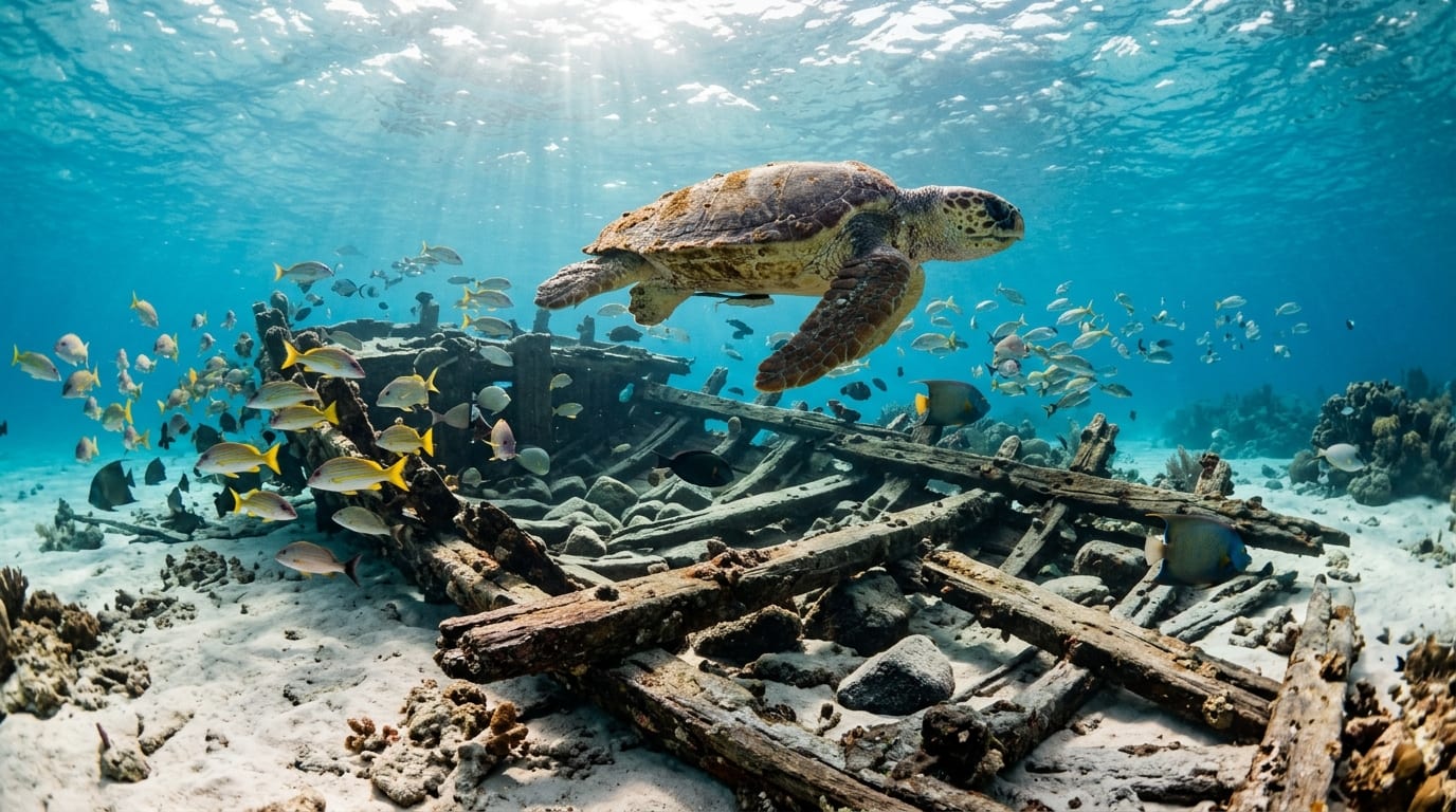 Historic wooden sailing ship wreck in shallow clear water with schools of tropical fish and sunlight streaming down