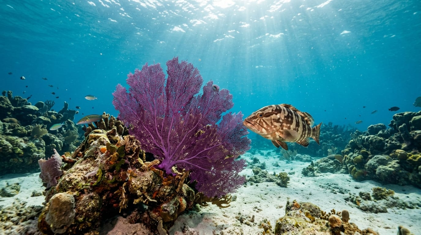 Large purple gorgonian sea fan at Telephone Pole reef with a curious Nassau grouper swimming nearby
