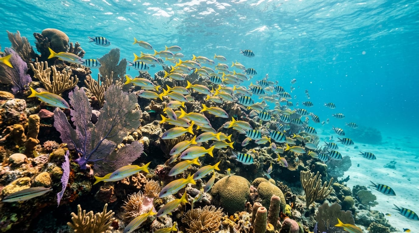 Dense school of tropical fish swimming above a coral wall at The Aquarium snorkel site near O'Brien's Cay in the Exuma Cays Land and Sea Park
