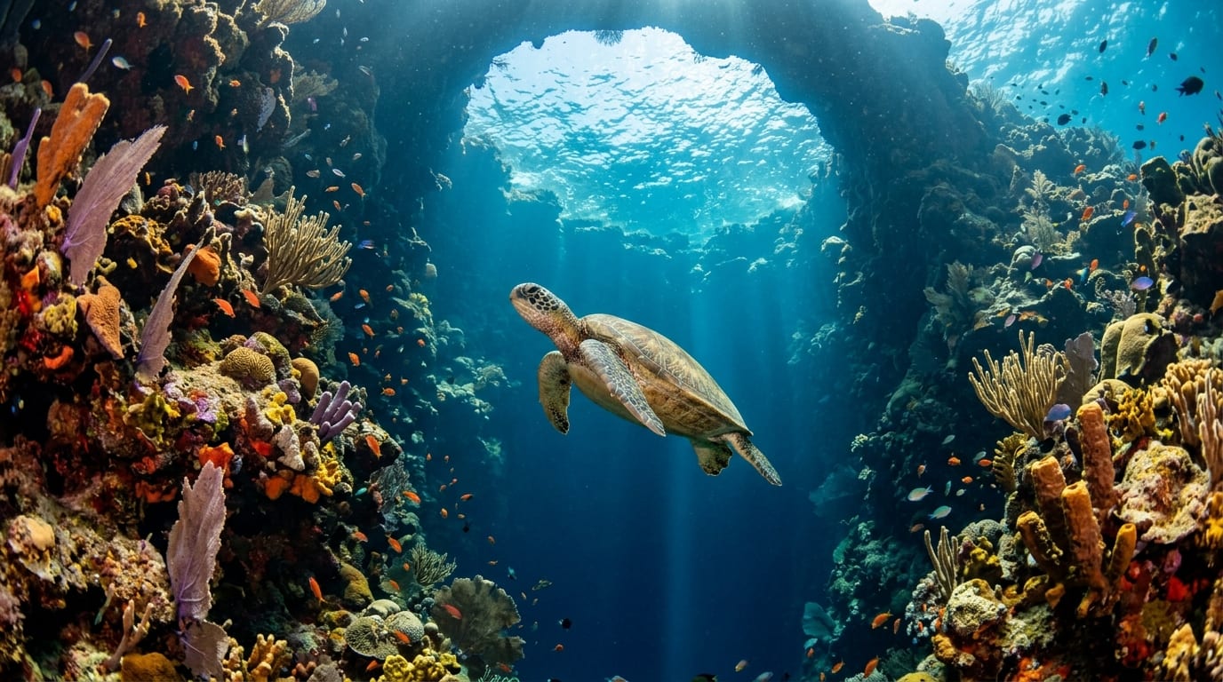 Green sea turtle swimming past coral-covered walls at The Crater Blue Hole dive site in South Andros Bahamas