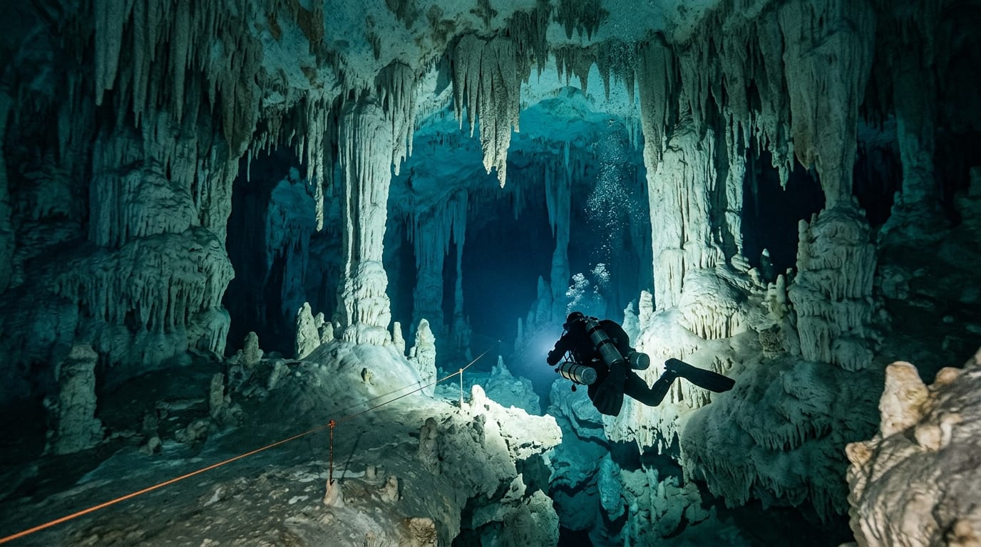 Cave diver following a guideline through a massive stalactite-filled chamber inside The Guardian Blue Hole with light beams illuminating the formations