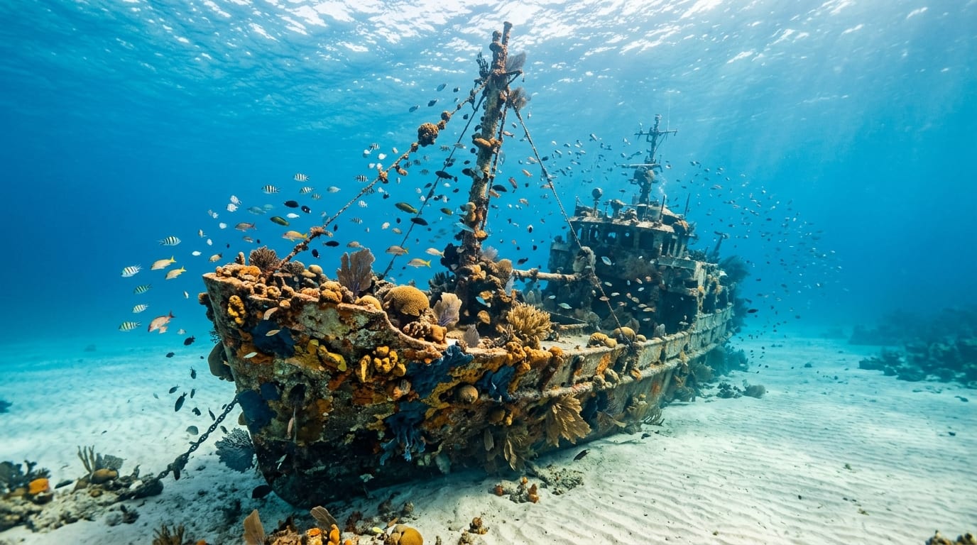 The Marion wreck structure covered in coral growth with fish swimming around the superstructure and sandy bottom visible below
