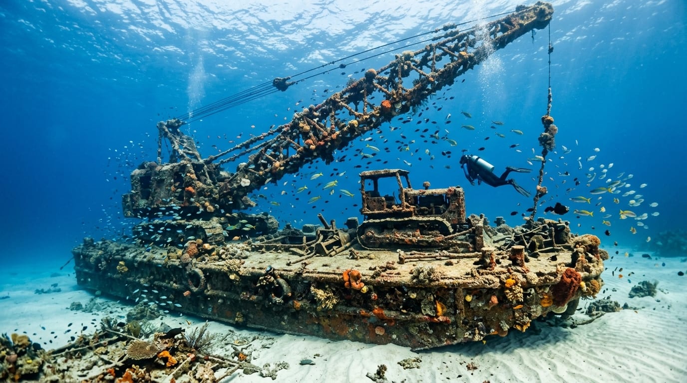 Underwater view of The Marion Wreck in Andros Bahamas showing the coral-encrusted barge deck with tractor and crane boom visible
