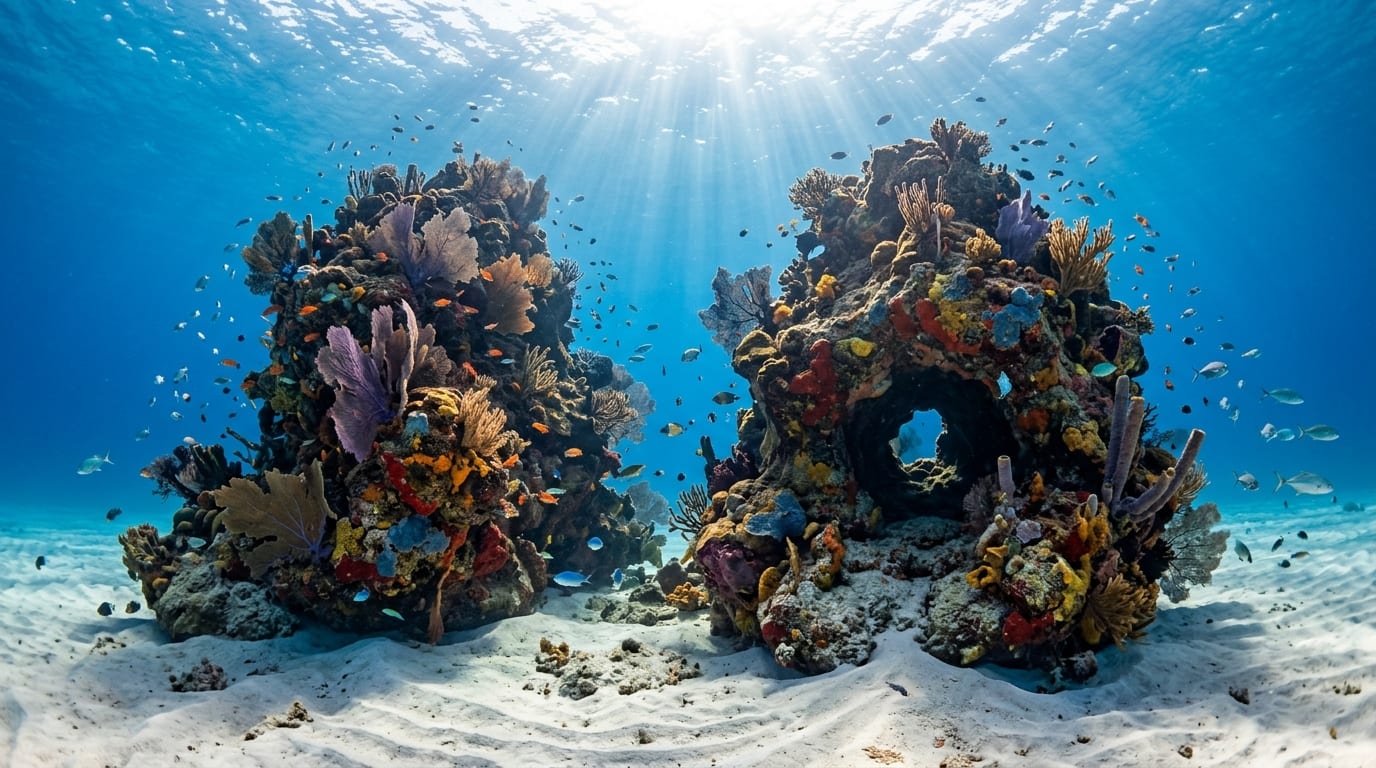 Twin coral pinnacles rising from the seafloor at The Towers dive site in Abaco with tunnels visible in the structure