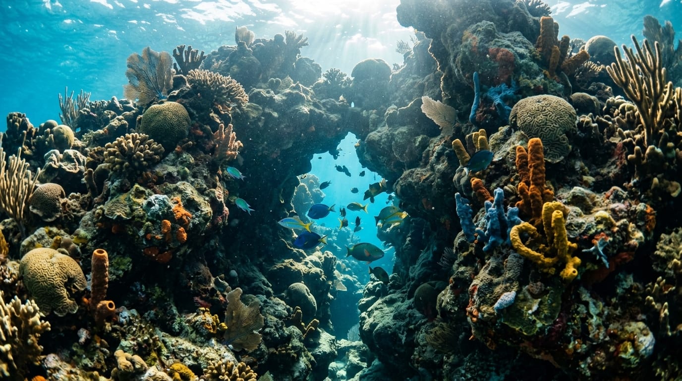 Diver swimming through a natural coral crevice at The Tunnels with sunlight filtering through the passage