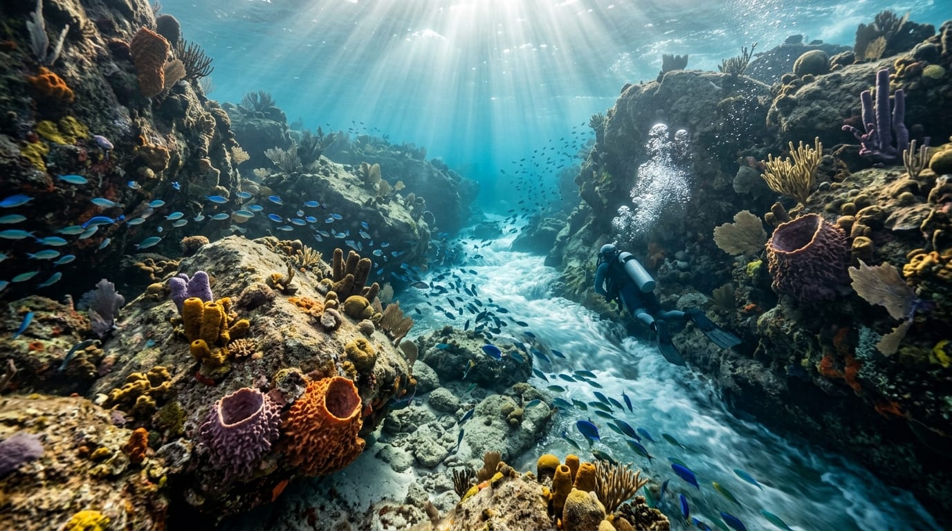 Diver riding tidal currents through a boulder channel surrounded by coral at The Washing Machine dive site in the Exuma Cays