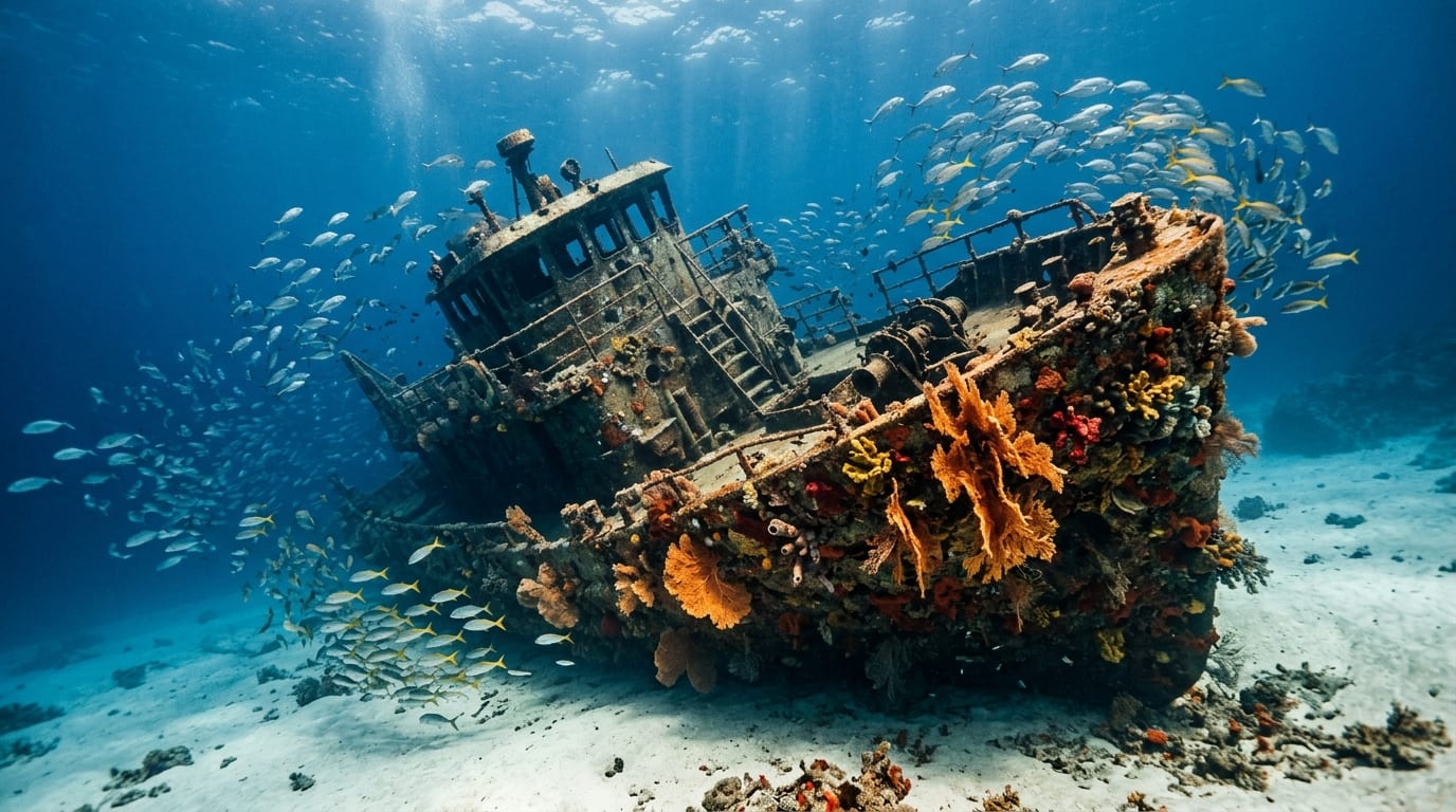 Scuba diver exploring Theo's Wreck with the steel hull covered in orange gorgonians and schools of fish swimming past