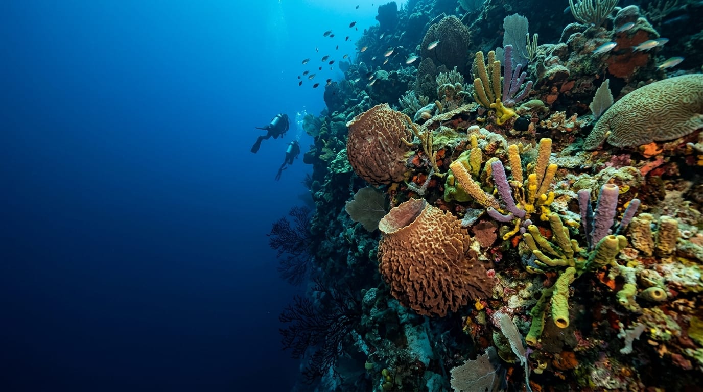 Massive barrel sponges and black coral bushes covering the sheer face of Third Basin Wall with deep blue water beyond
