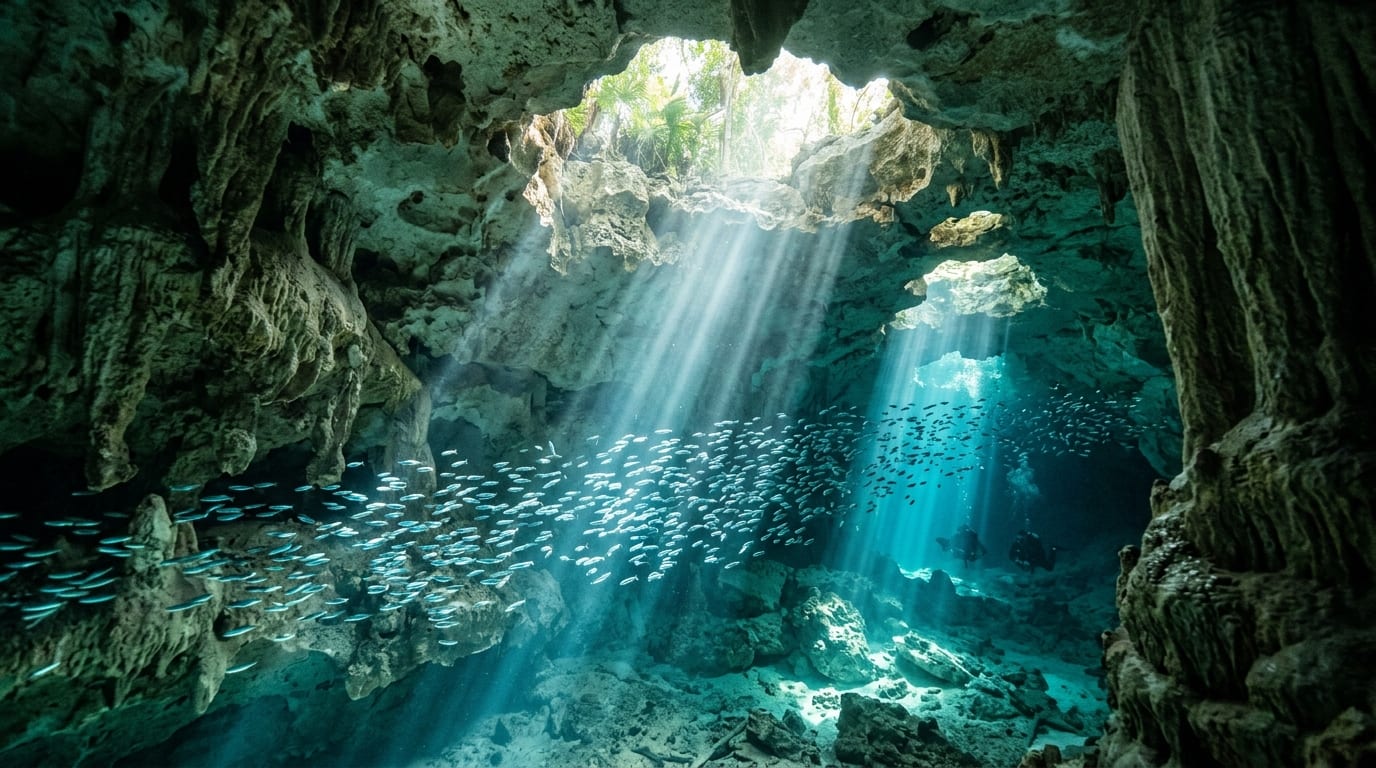 Snorkeler inside Thunderball Grotto with sunbeams streaming through natural skylights onto schools of tropical fish in crystal-clear Bahamian water