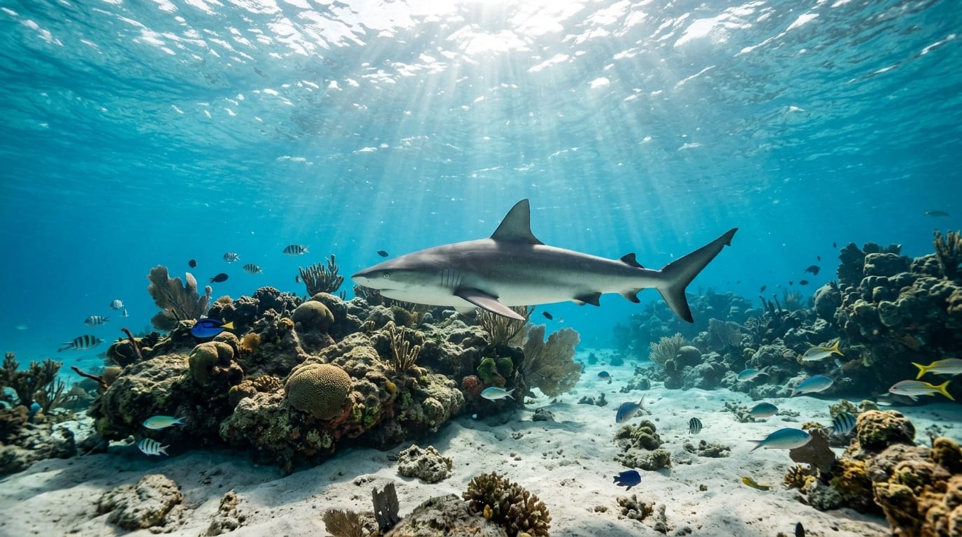 Caribbean reef shark swimming over coral and rock formations at Triangle Rocks dive site near Bimini Bahamas