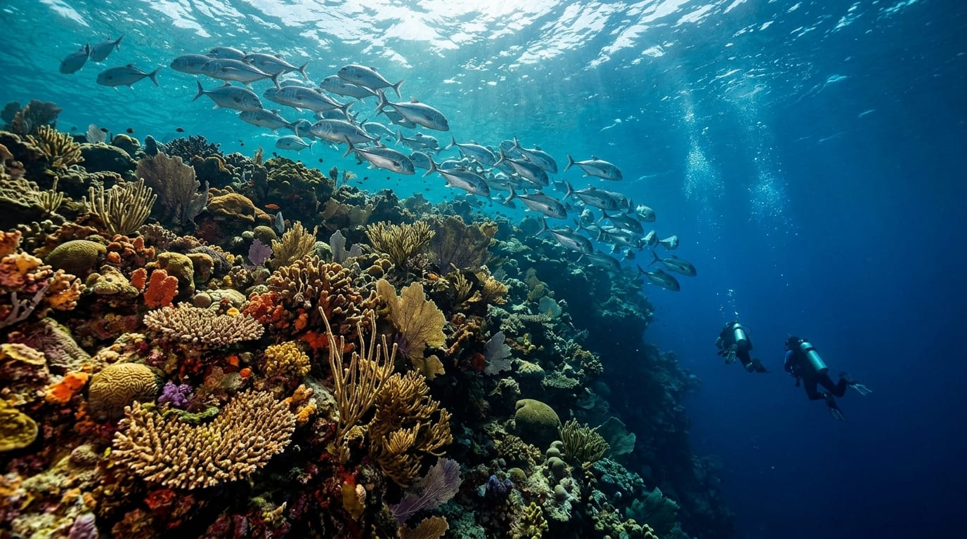 Dramatic coral wall at Tuna Alley dive site dropping into deep blue Gulf Stream waters, with schools of fish patrolling the reef edge off Cat Cay, Bimini