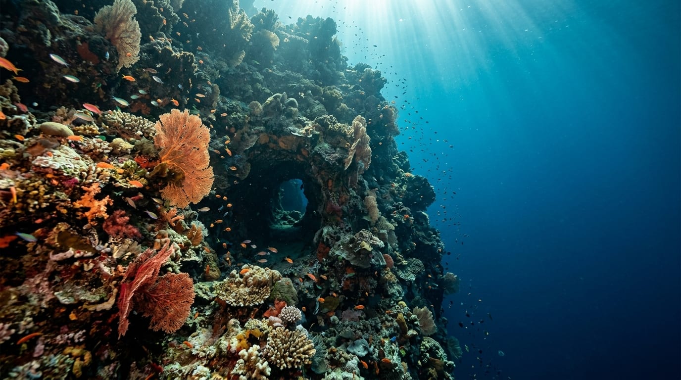 A dramatic vertical wall covered in corals with a natural tunnel opening at Tunnel Wall dive site near Nassau