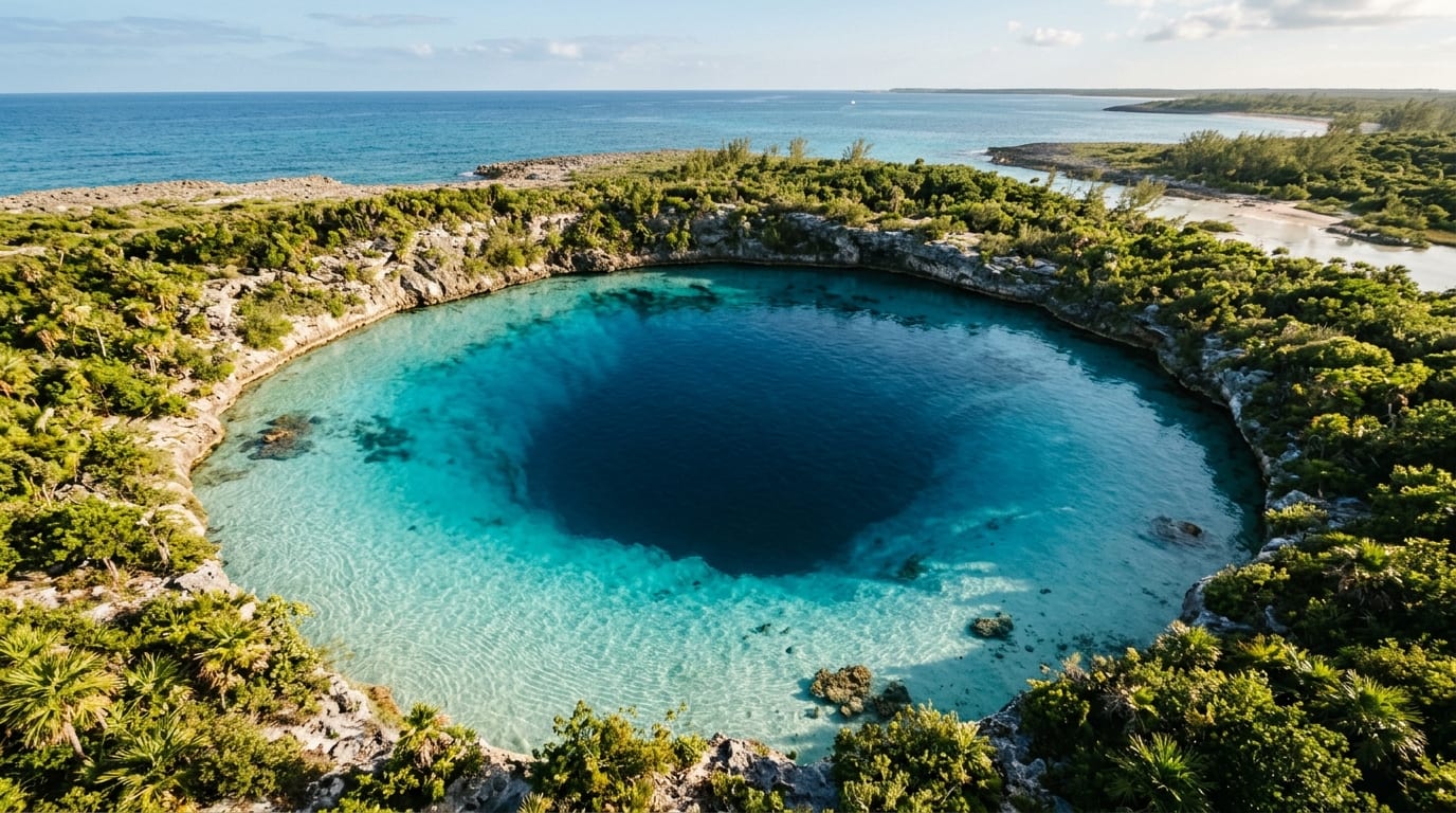 Looking down into the circular turquoise opening of Uncle Charlie's Blue Hole surrounded by green vegetation with the water fading to deep blue in the center