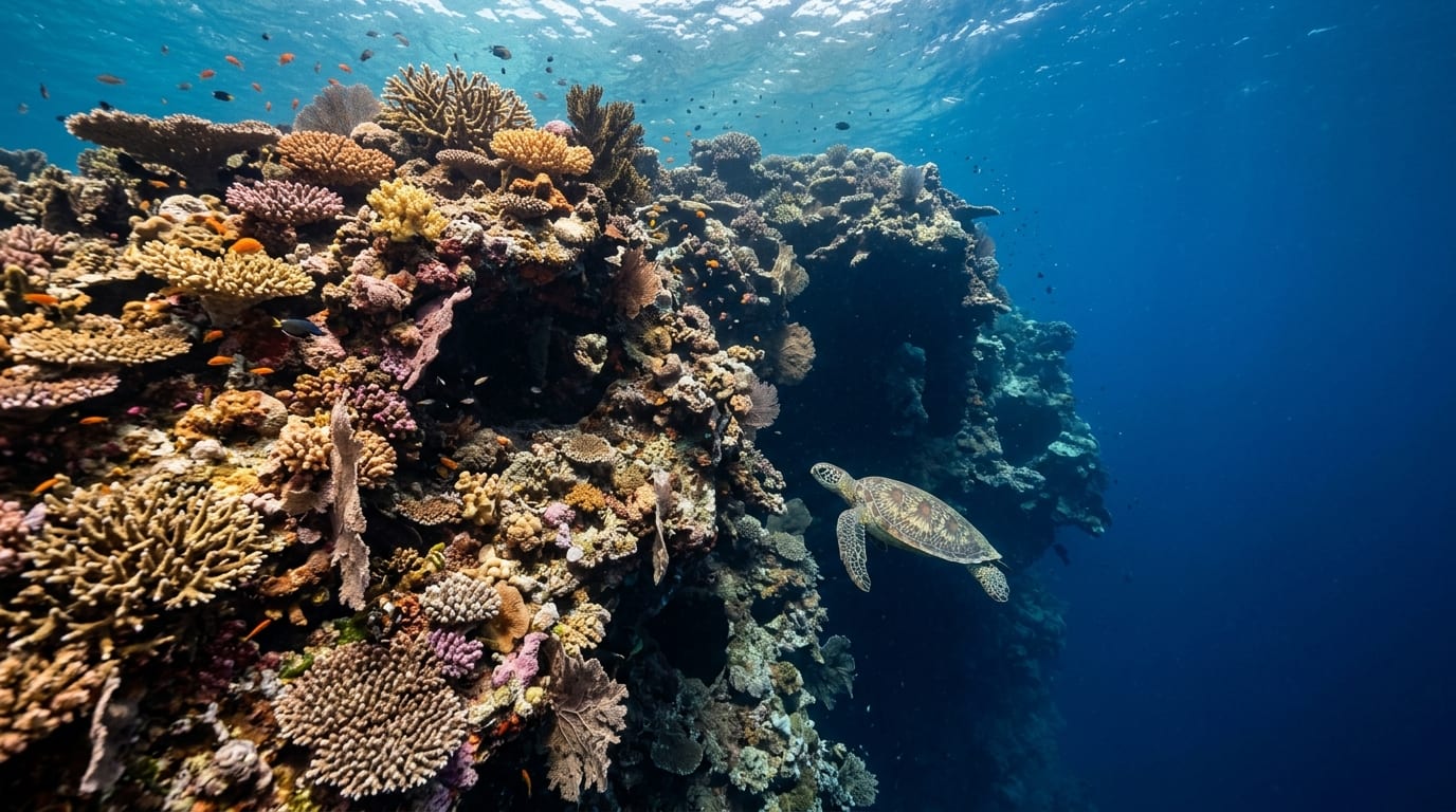 Dramatic reef wall at Victory Reef dive site south of Cat Cay, with cavern openings and swim-throughs visible on the coral-covered face dropping into deep blue Gulf Stream water