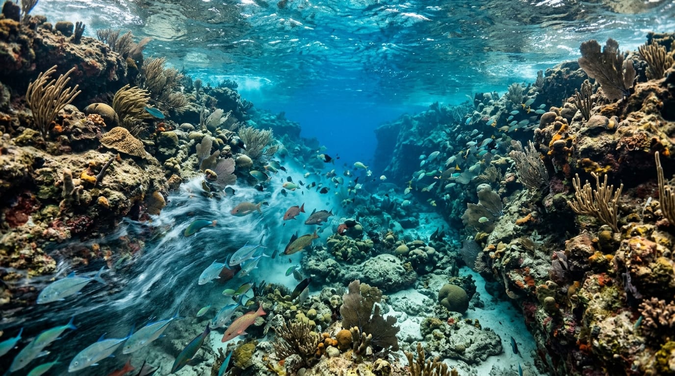 Scuba diver drifting through strong current at Wax Cay Cut with coral formations visible