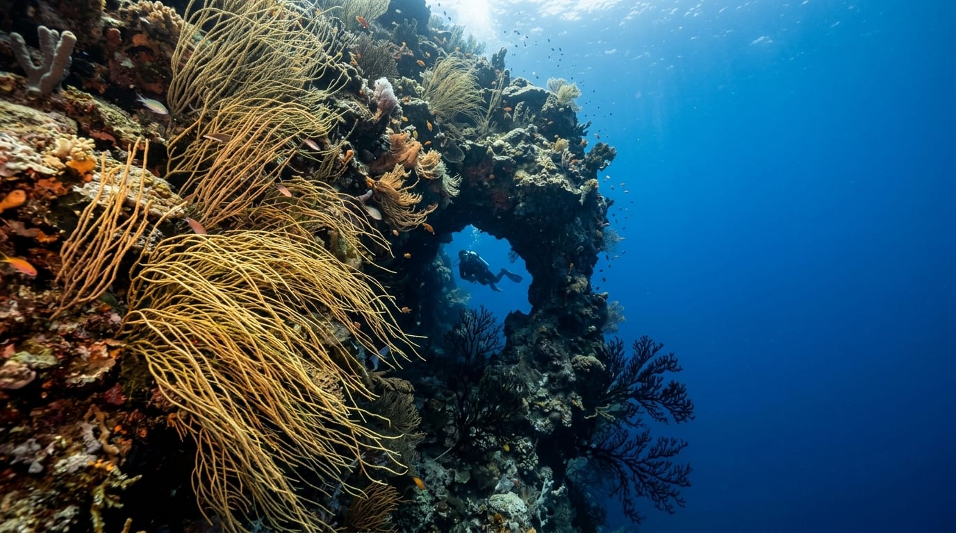 Diver swimming past dense wire coral forest on Whip Wire Wall dive site in Andros Bahamas with deep blue water visible beyond