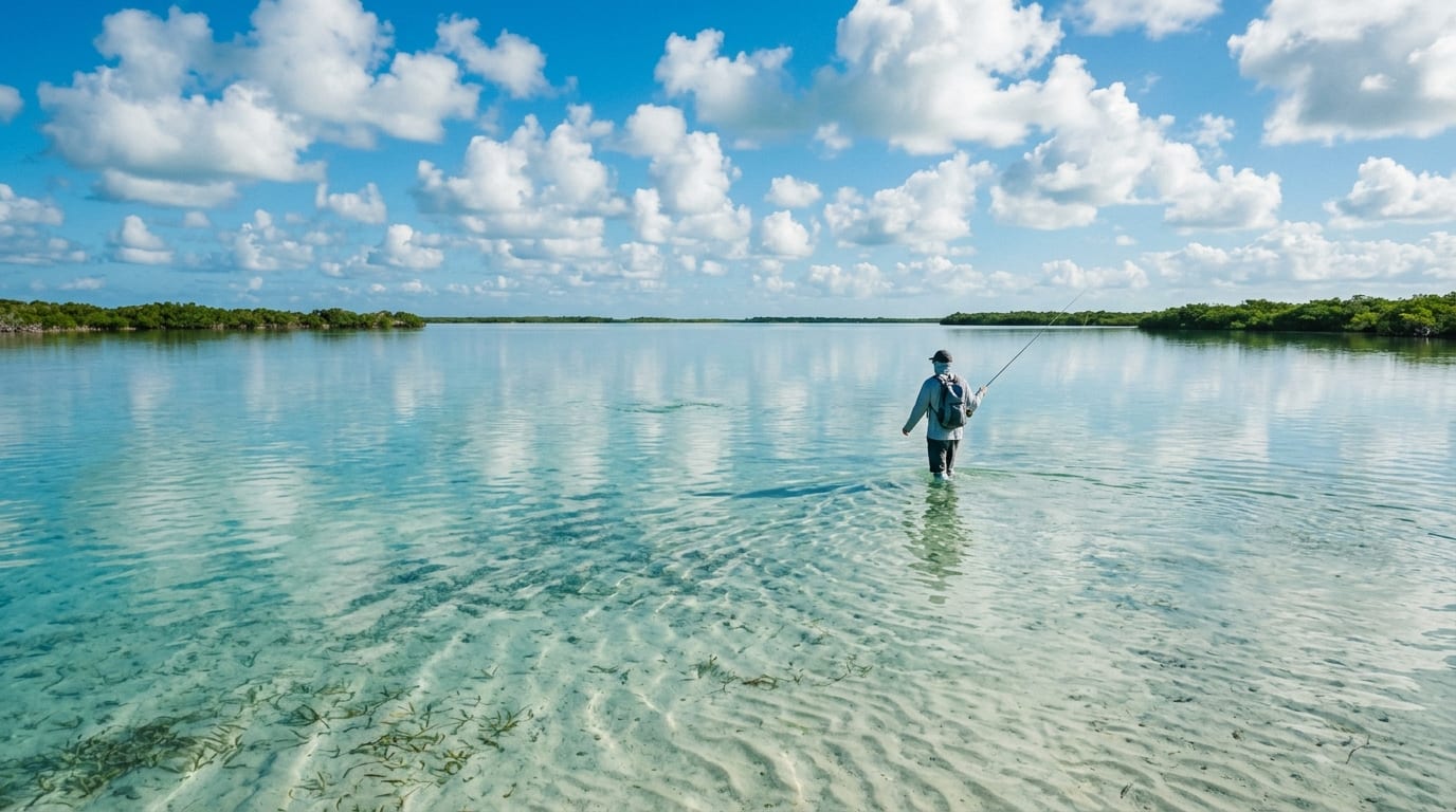 A lone angler wading knee-deep in crystal-clear turquoise water on the vast flats of the Bight of Acklins with mangroves visible on the distant shore