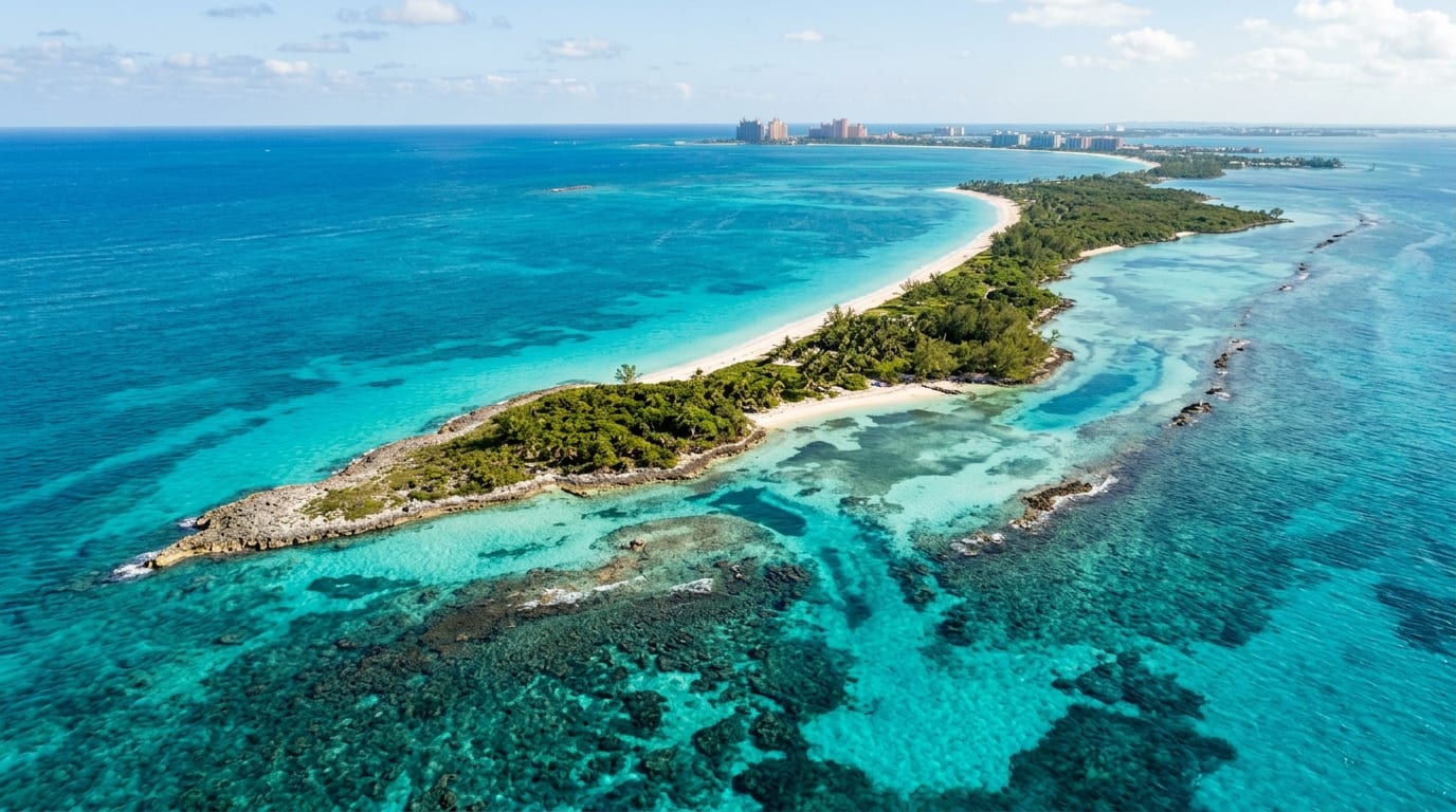 Uninhabited Athol Island with turquoise waters and visible coral reef formations in the Sea Gardens marine sanctuary