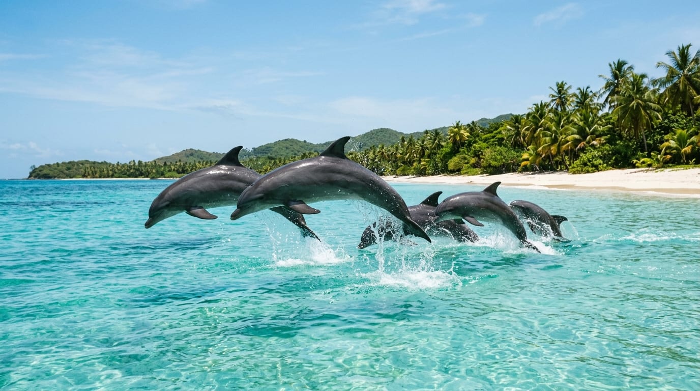 Bottlenose dolphins leaping in a turquoise lagoon at Blue Lagoon Island with white sand beach in the background