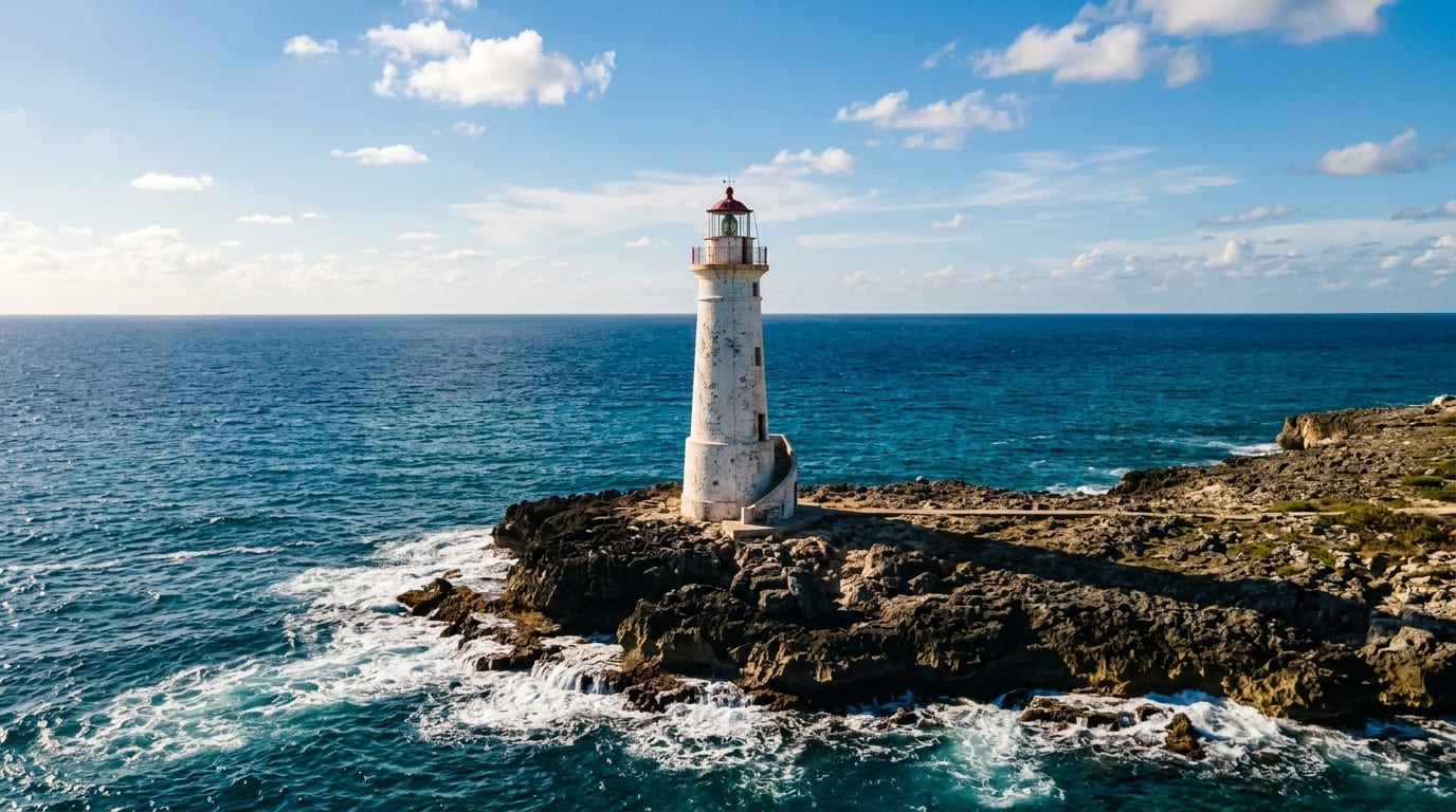 The white stone Bird Rock Lighthouse rising from rocky shores with deep blue waters of the Crooked Island Passage stretching to the horizon