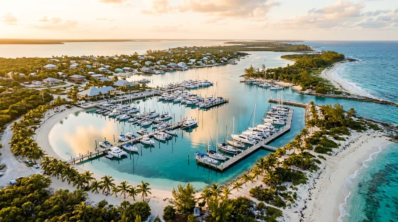 Aerial view of Great Harbour Cay Marina with turquoise water, white sand beaches, and palm-lined shores in the Berry Islands Bahamas