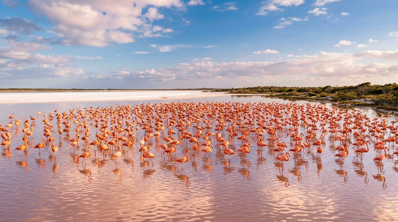 Thousands of pink West Indian flamingos wading in the shallow waters of Lake Windsor with salt flats and scrubland stretching to the horizon