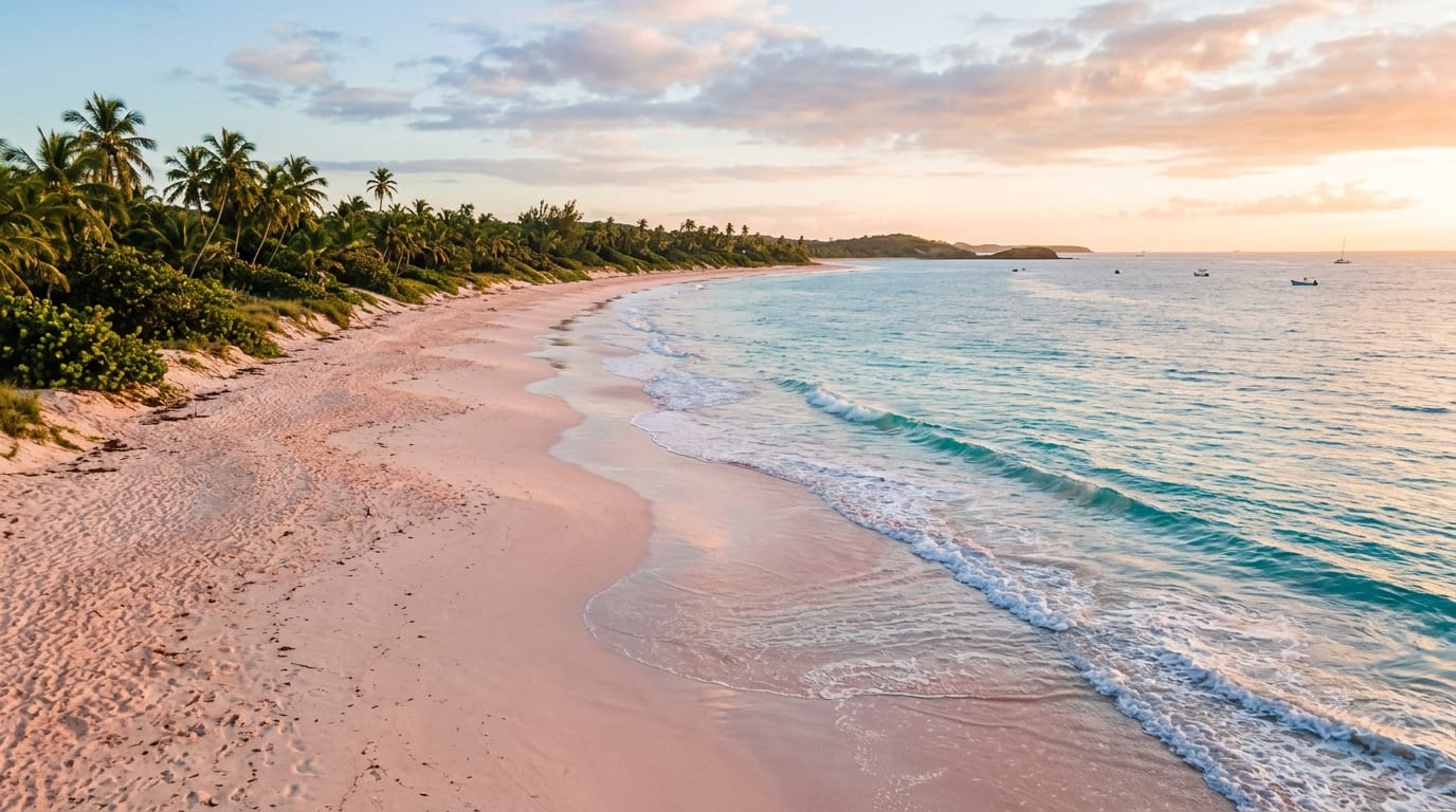 Pink Sands Beach on Harbour Island stretching into the distance with gentle Atlantic waves and pastel morning light